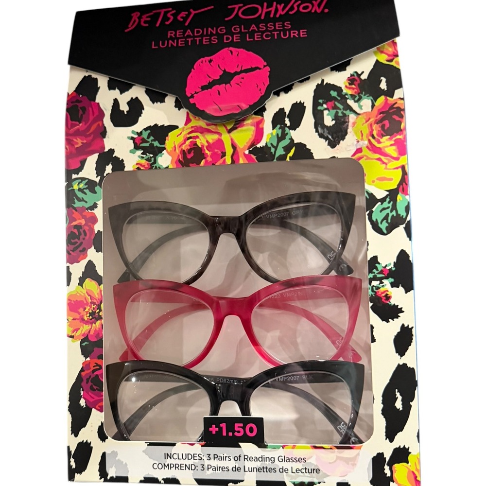 Betsey Johnson Women 3 Pack Cat Eye Reading Glasses +1.50 Black Pink Gray